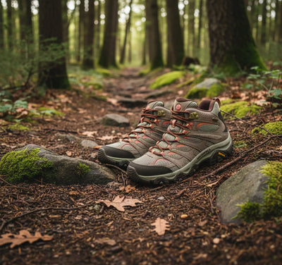Merrell Women's Moab 3 Mid Waterproof Boots on forest trail - The Shoe Collective South Haven MI