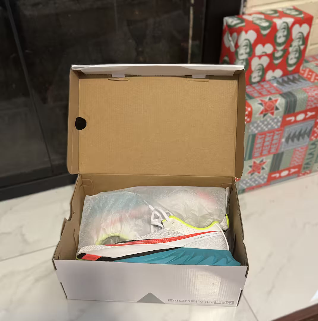 Saucony Endorphin Pro Shoes on a shoe box at Christmas