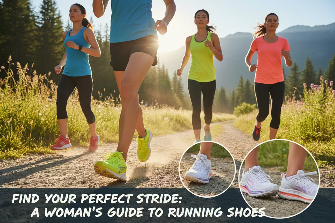 Women runners on a trail showcasing various running shoe styles