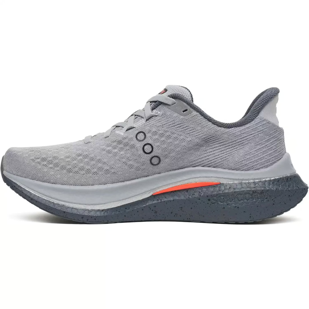 Gray running shoe with a white sole on a white background