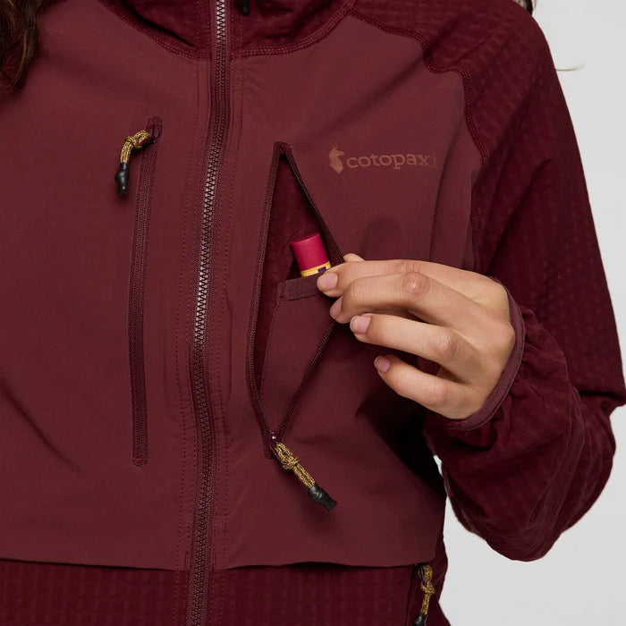 Maroon jacket with a visible brand logo on a white background