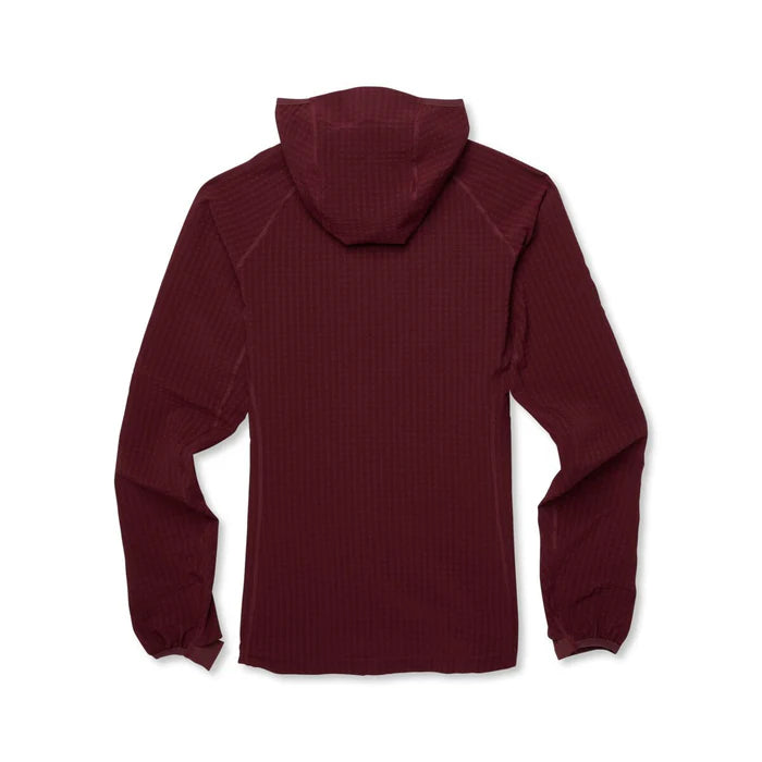Maroon hooded long-sleeve shirt on a white background