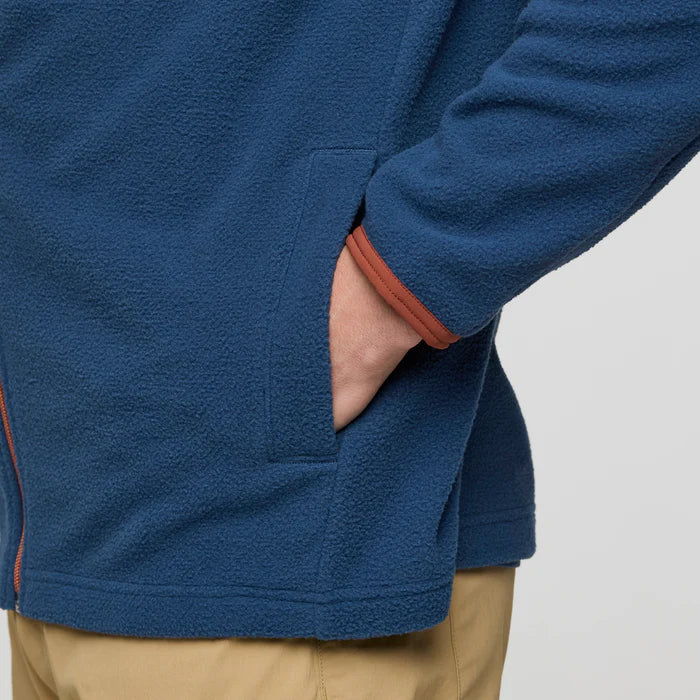 Cotopaxi Mens Abrazo Fleece Full-Zip Jacket Nutmeg and Deep Sea close up of hand in pocket view