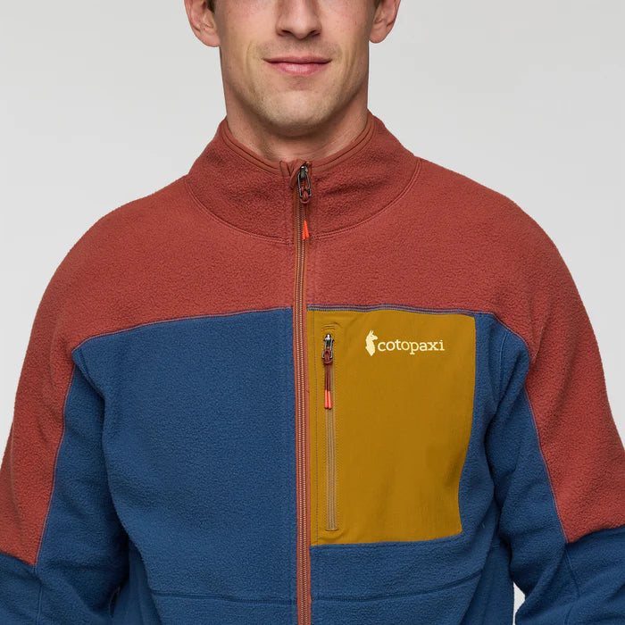Cotopaxi Mens Abrazo Fleece Full-Zip Jacket Nutmeg and Deep Sea showing zippers