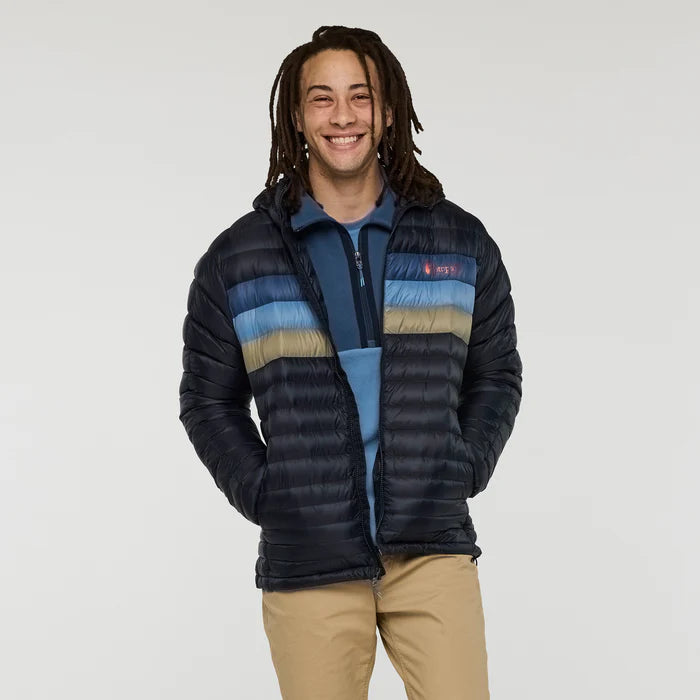 Cotopaxi Mens Fuego Down Hooded Jacket Carbon Stripes 