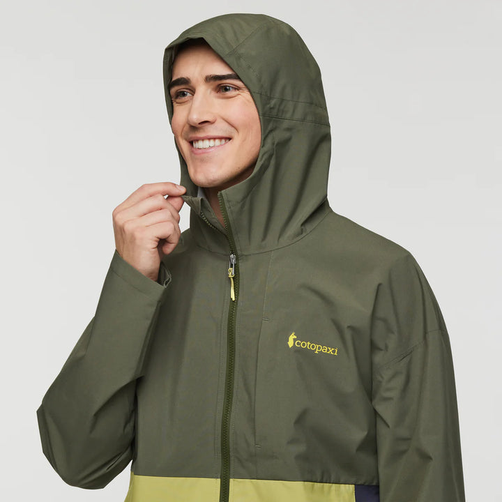 Cotopaxi Mens Cielo Rain Jacket - Fatigue and Lemongrass - close up Hood view
