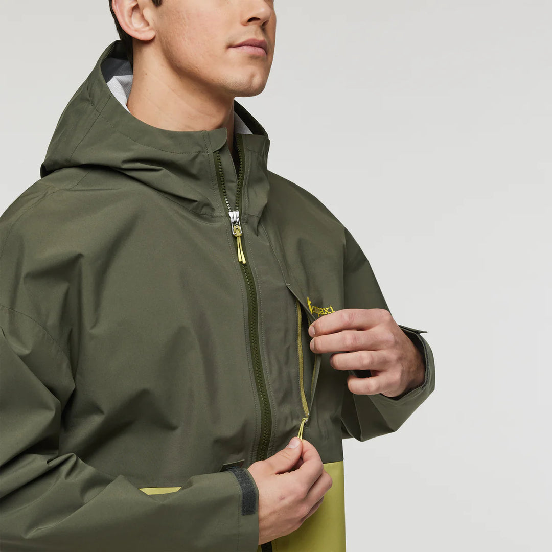 Cotopaxi Mens Cielo Rain Jacket - Fatigue and Lemongrass - zipper View