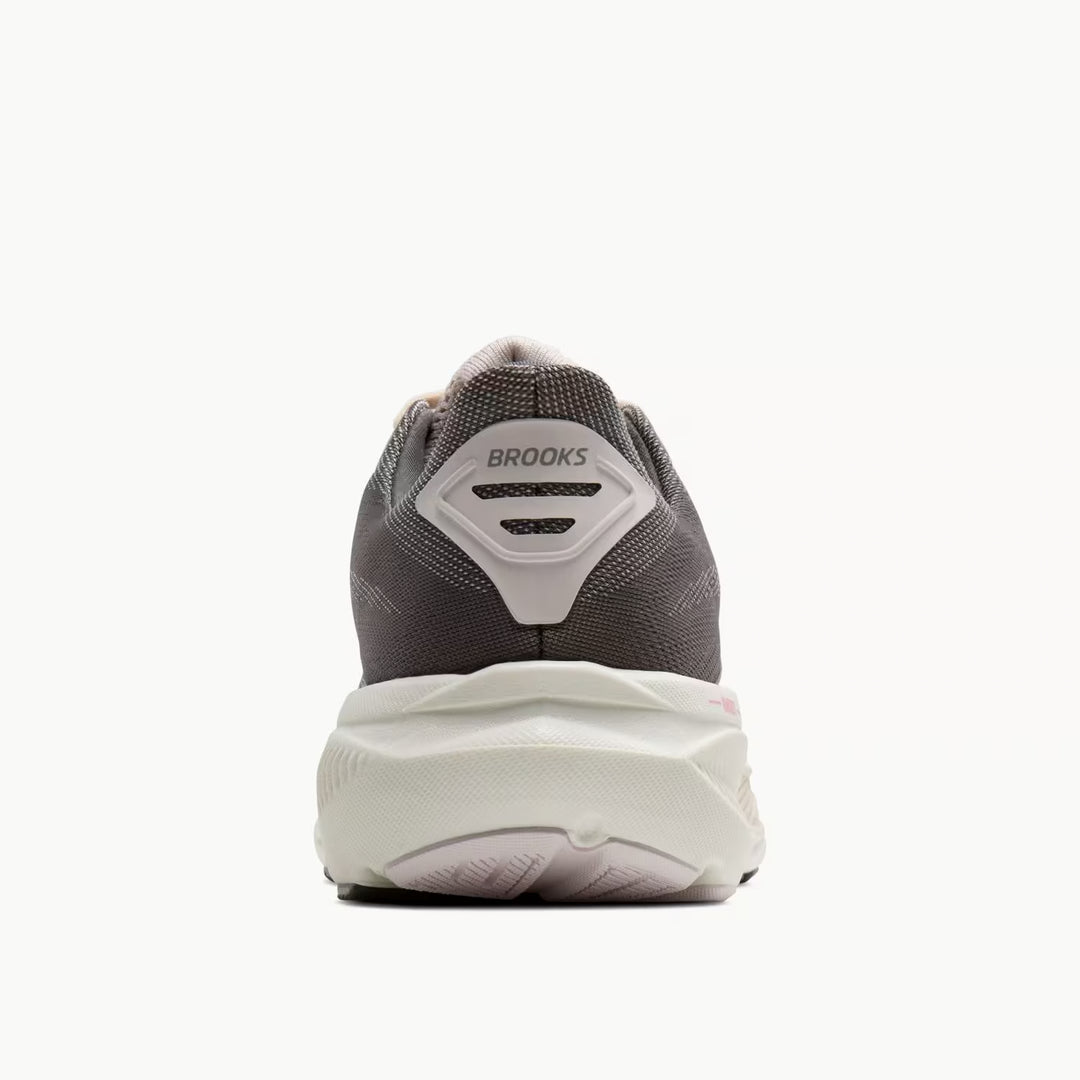 Brooks women's Ghost 17 Running Shoe Poppy Seed/Pink/Bluewash heel view