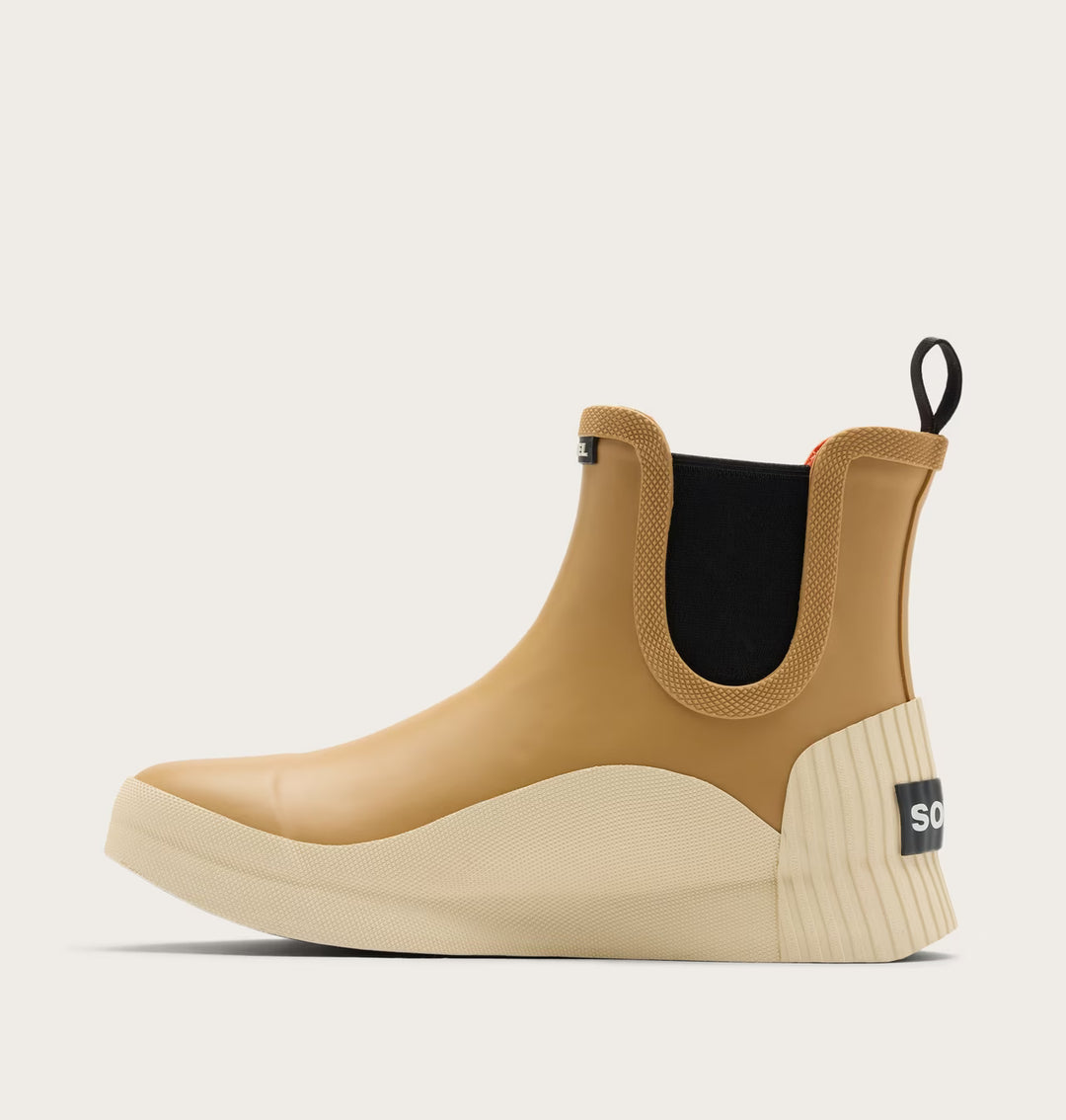 Side view of SOREL Out N About IV Chelsea rain boot in Curry and Honey White