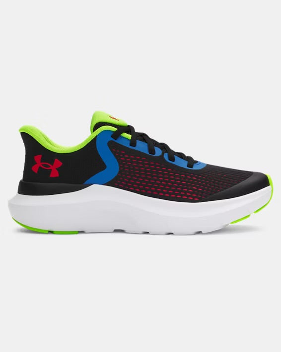UA Boys Rogue 5 Running Shoes - Black/High Vis yellow/Racer red 