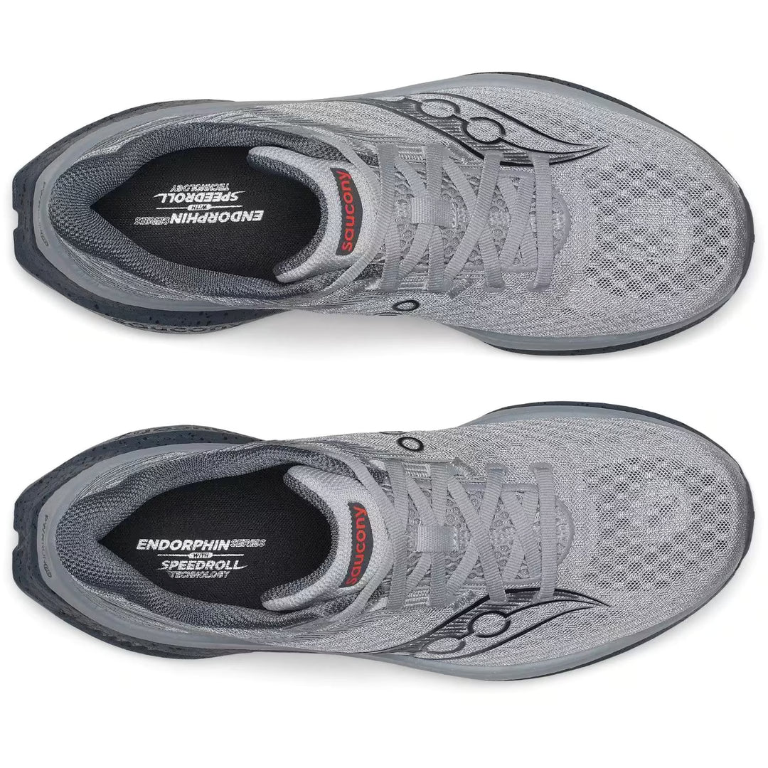 Gray running shoes with visible branding on a white background