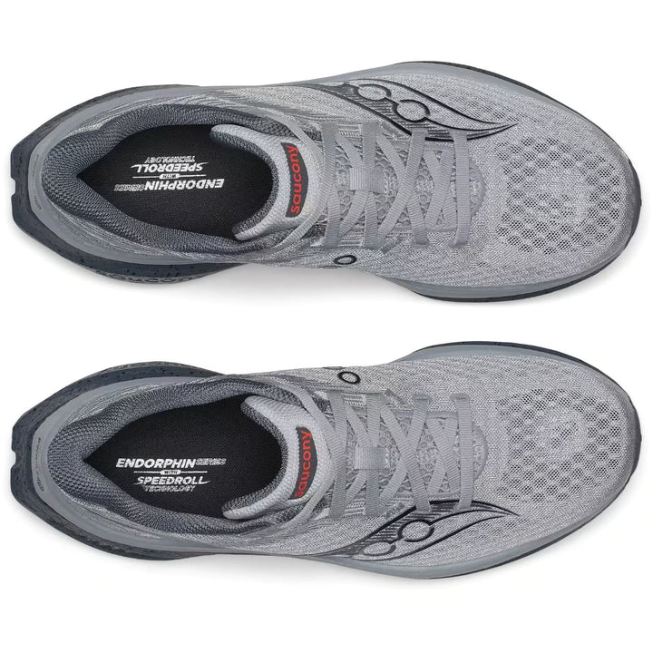 Gray running shoes with visible branding on a white background