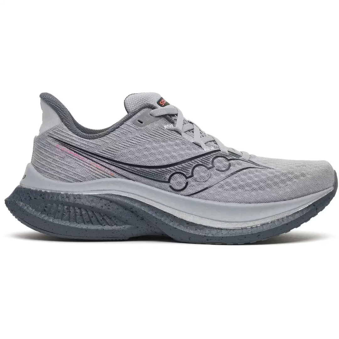 Gray running shoe with brand logo on a white background