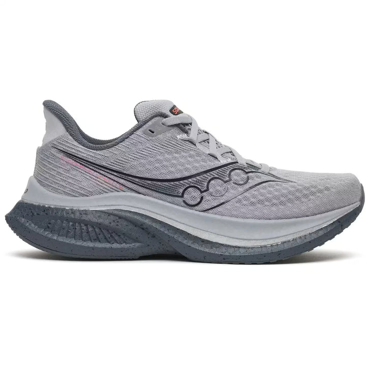 Gray running shoe with brand logo on a white background
