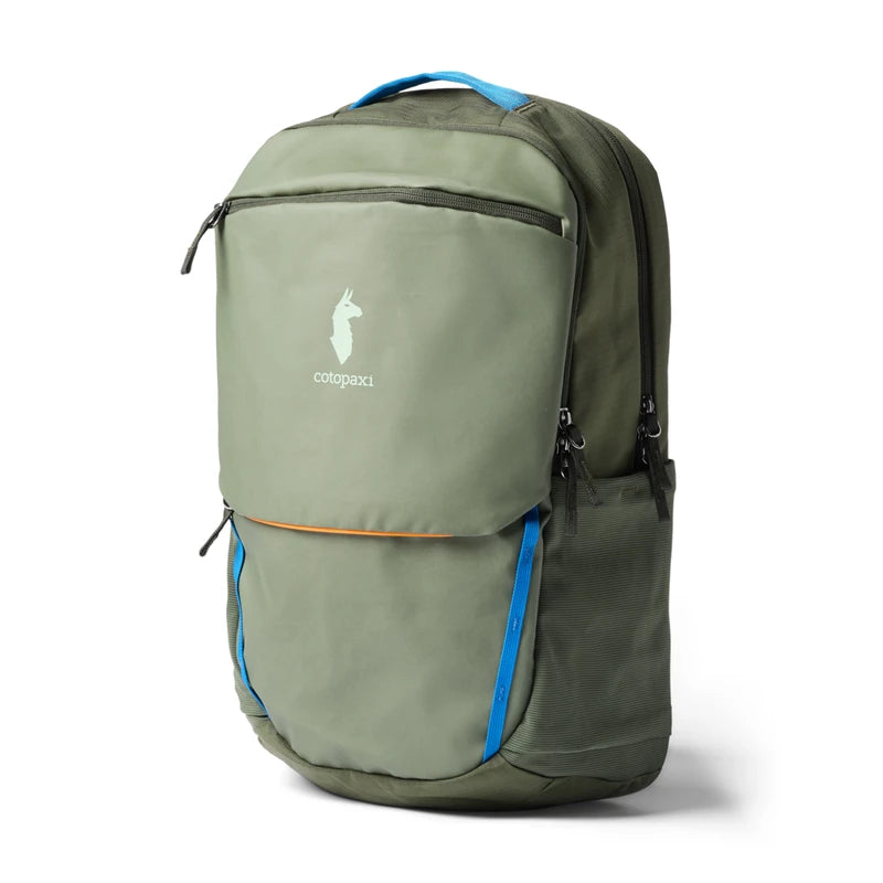 Green backpack with blue accents on a white background