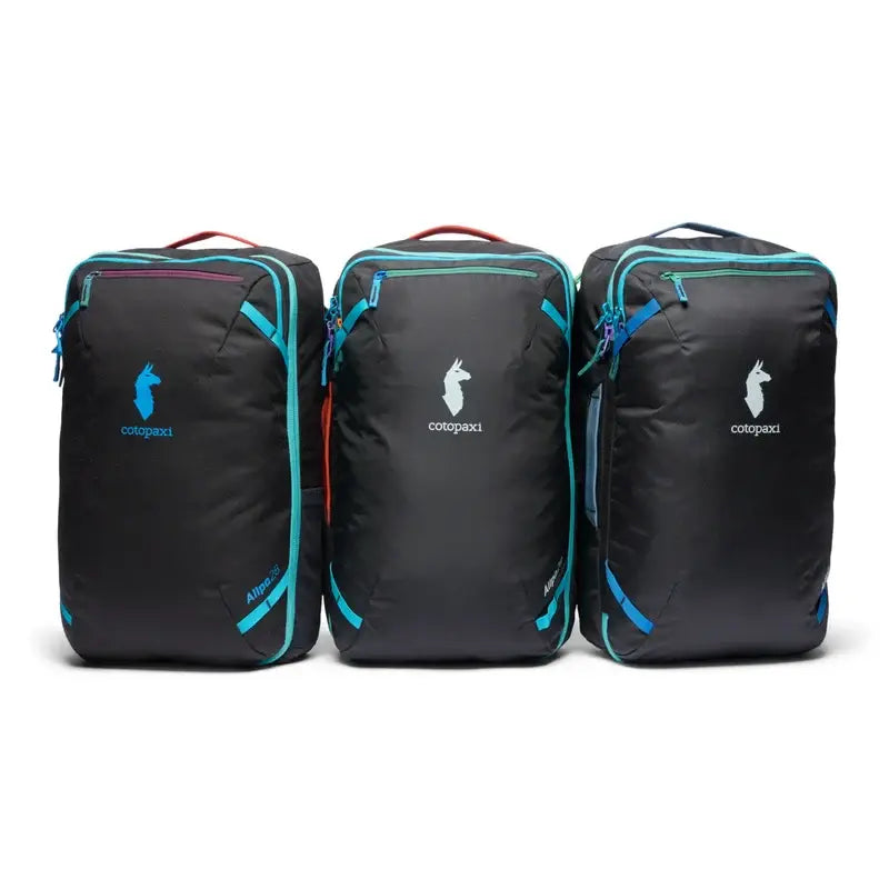 Three black travel bags with colorful zippers and Cotopaxi logo on a white background