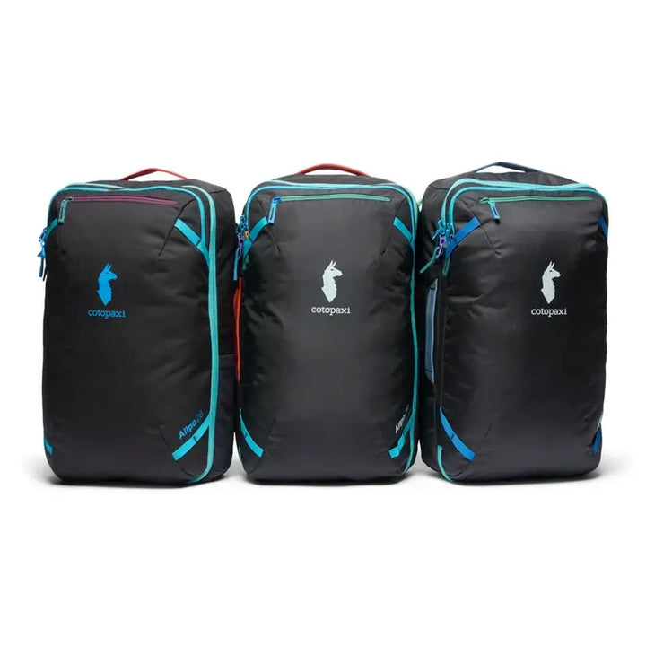 Three black travel bags with colorful zippers and Cotopaxi logo on a white background