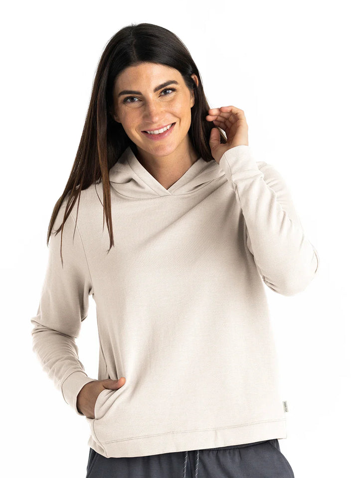 Free Fly Women’s Bamboo Lightweight Fleece Hoodie in Stone — front view