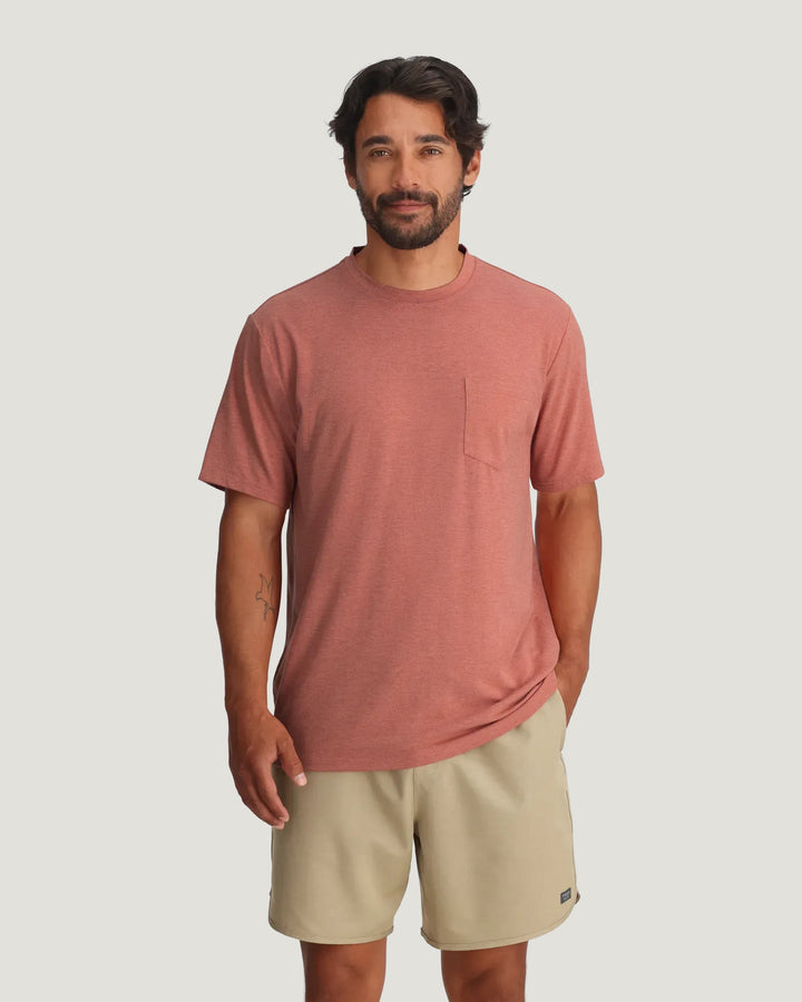 Free Fly Mens Bamboo Flex Pocket Tee in Heather Red Clay - front view on model