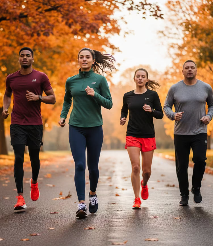 Four people running outdoors on a path with autumn foliage.