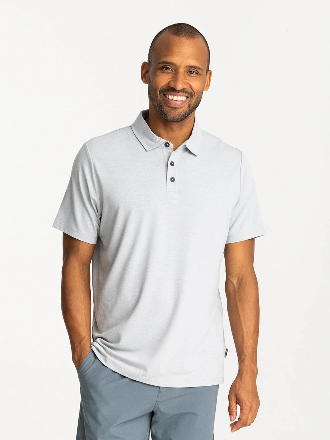 Free Fly Men's Bamboo Flex Polo II Heather Aspen Grey bamboo polo front view
