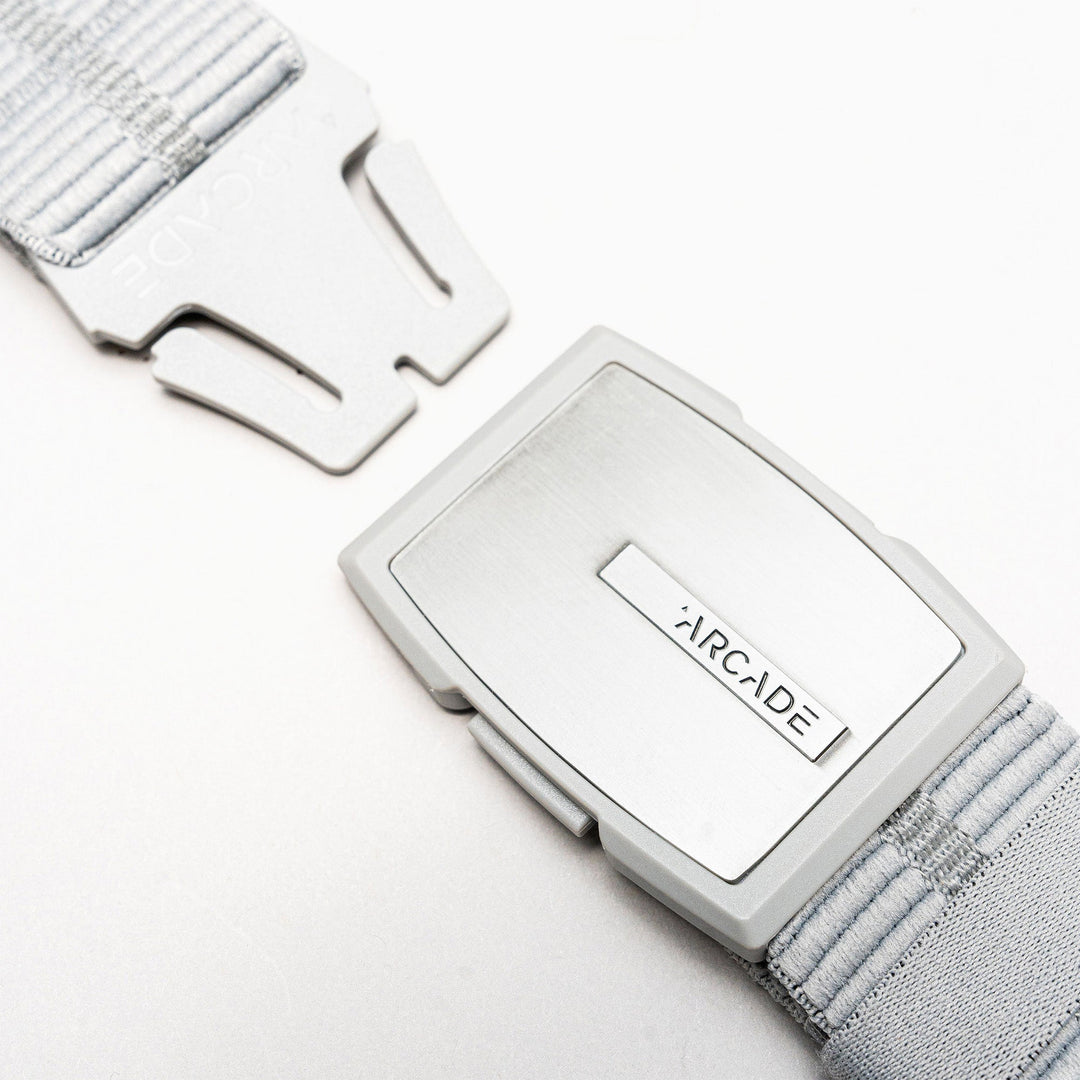 Arcade Stamped Stretch Belt in Steel — buckle detail