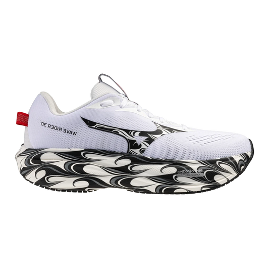 Mizuno Wave Rider 30 White Black running shoe angled view