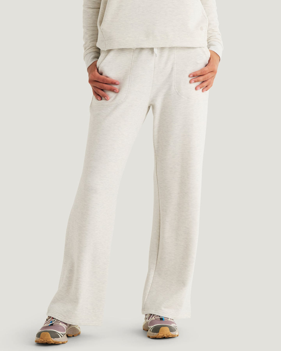 Free Fly Womens Bamboo Lightweight Fleece Wide Leg Pant in Off White Heather - front view