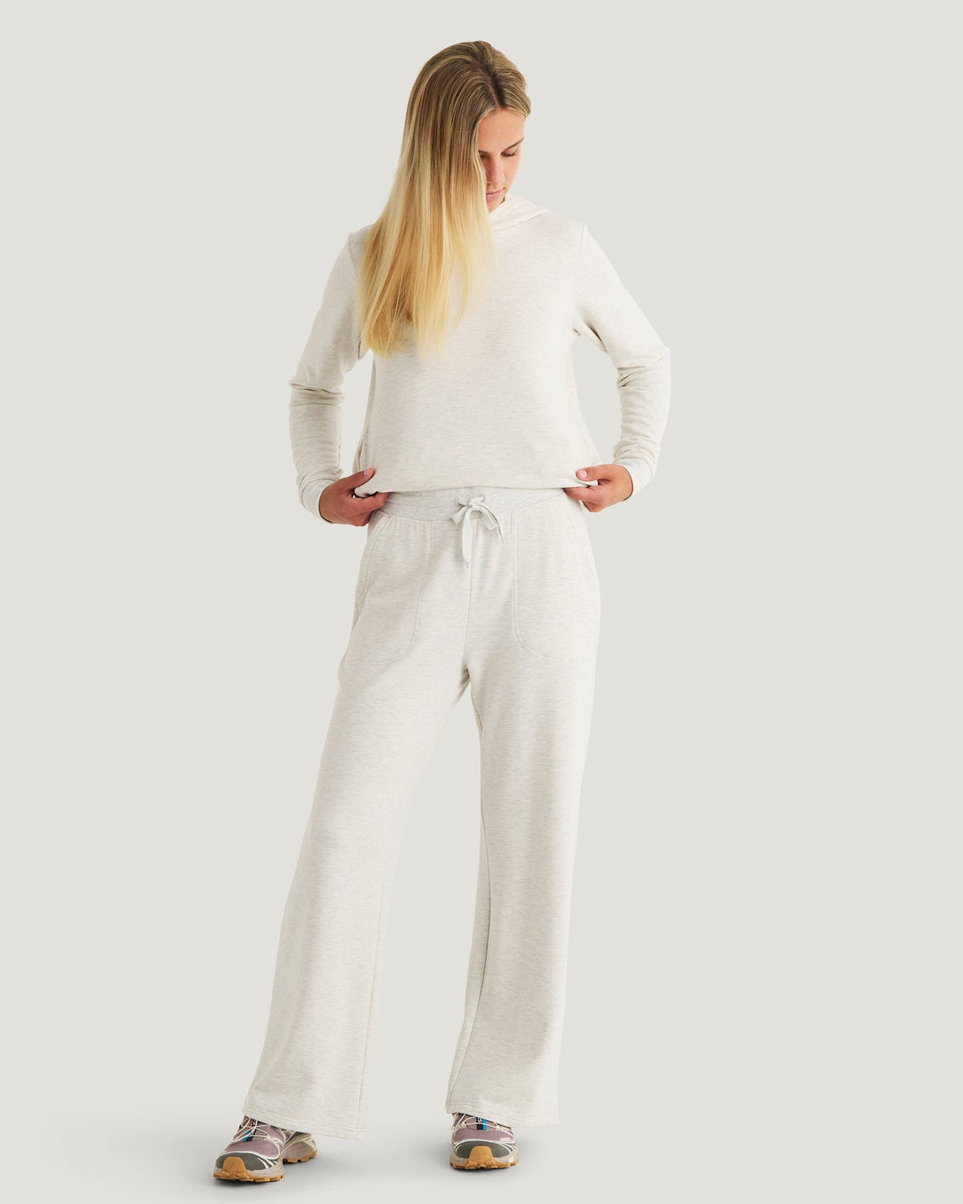 Free Fly Womens Bamboo Lightweight Fleece Wide Leg Pant in Off White Heather - full length front