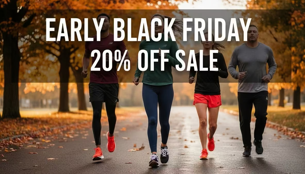 Four people running outdoors with 'Early Black Friday 20% Off Sale' text overlay.