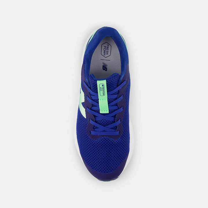 Blue running shoe with a green tag on a white background