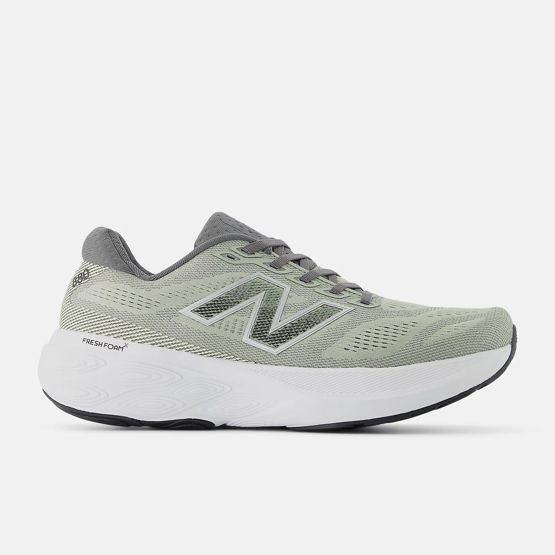 Gray running shoe with New Balance logo on a white background