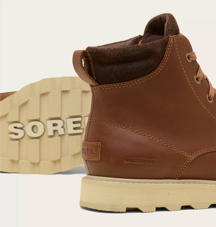 Brown leather boot with visible 'Sorel' branding on a light background