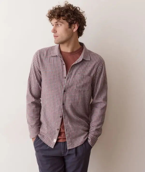 Marine Layer Men's Classic Stretch Selvage Shirt in Burgundy/blue gingham