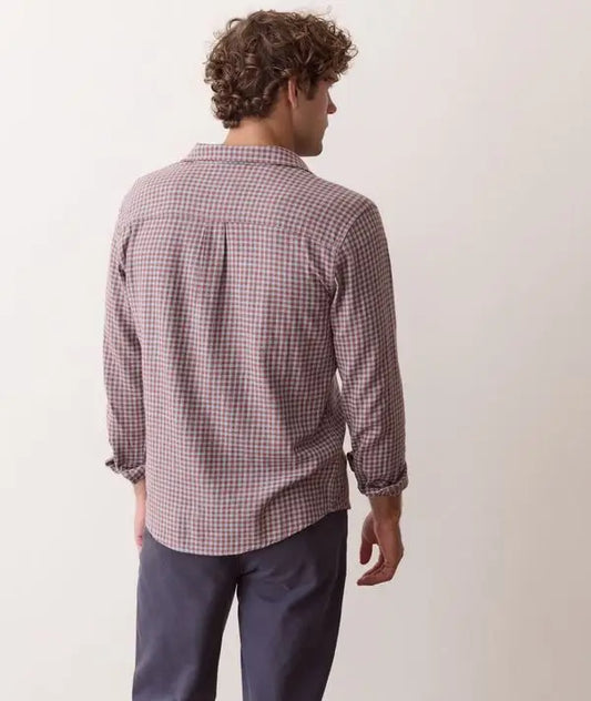 Marine Layer Men's Classic Stretch Selvage Shirt in Burgundy/blue gingham back