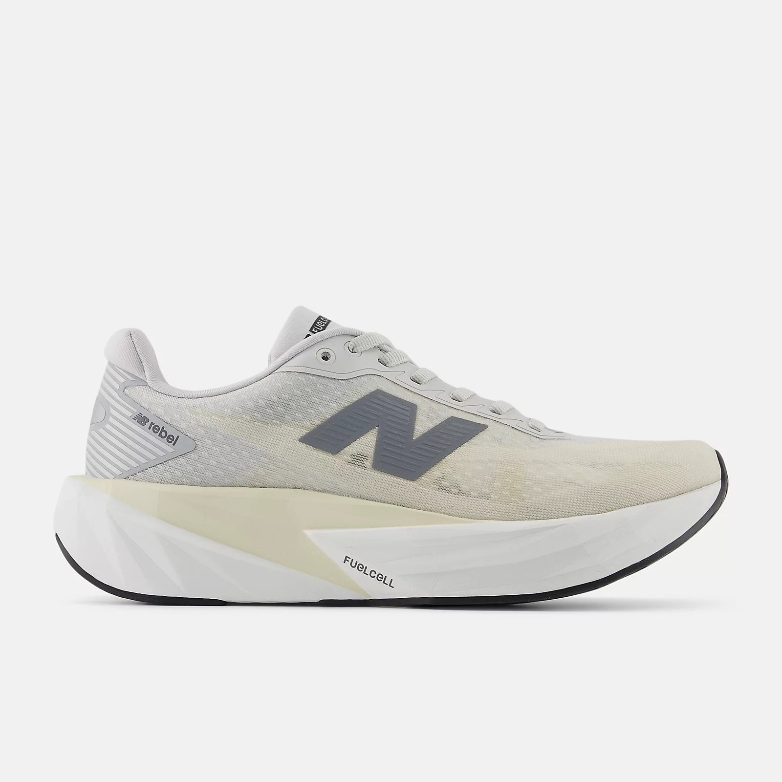 White running shoe with New Balance Fuel Cell Rebel V5