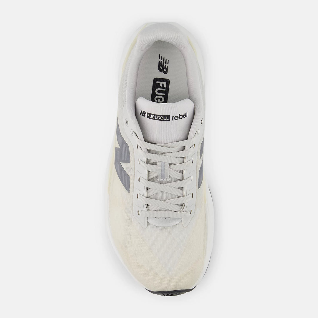 White running shoe with New Balance Fuel Cell Rebel V5 4